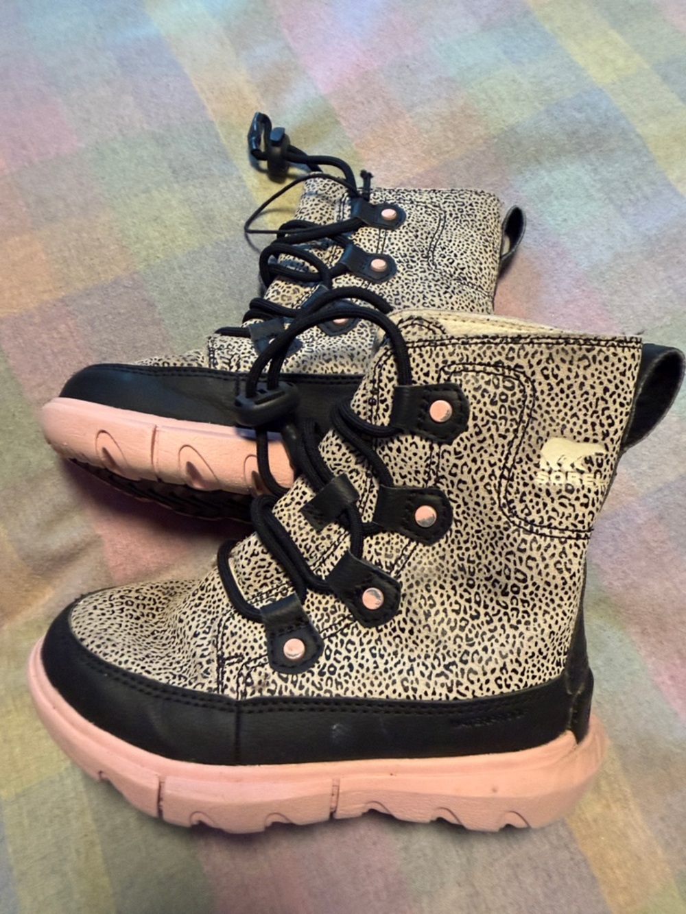 Kids Sorel Leopard Print Lace-Up Boots with Pink Sole (waterproof) size 11